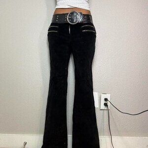 Y2k BLACK CORDUROY ZIPPER BELTED FLARE JEANS